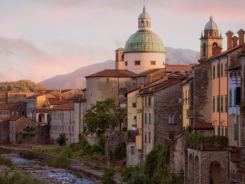 Red sunset over Pontremoli, Italy. North Tuscan town in Lunigiana.
