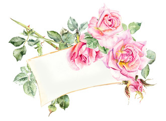 Frame from roses. Wedding drawings. Water color painting.
Greeting cards. Roses background, watercolor composition. Flower backdrop. Decoration with blooming roses.