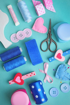 Flat lay of handcraft on blue background