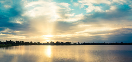 Panorama sunset at river and blue sky