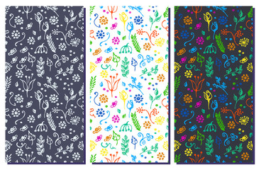 Set of seamless vector floral patterns. Hand drawn backgrounds with flowers, leaves, insect, fruits, decorative element. Graphic illustration. Series - set of vector seamless patterns.