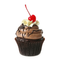 Tasty chocolate cupcake with berry isolated on white