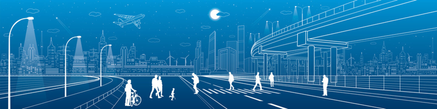 City scene, people walk on the street, city's skyline on background, street life. Automotive flyover, infrastructure panorama, transport overpass, highway, white lines, neon town, vector design art