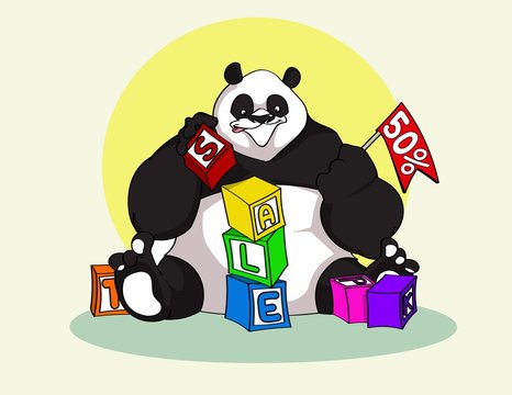 Hand drawn cartoon style Panda builds cubes toys with Sale letters - stock vector