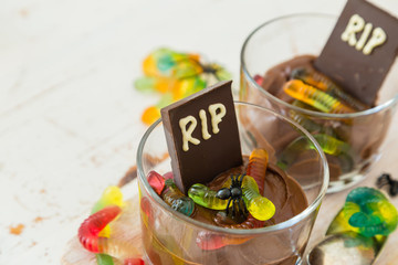 Chocolate mousse with gelly worm