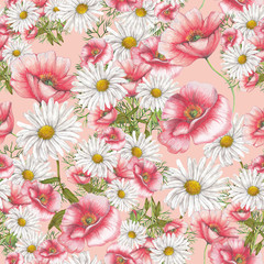 Seamless pattern of red poppies and chamomile bouquets