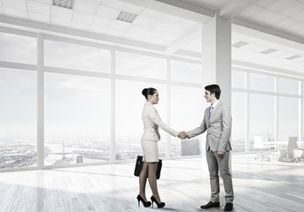 Business partners handshake . Mixed media