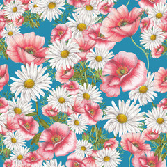 Seamless pattern of red poppies and chamomile on blue background
