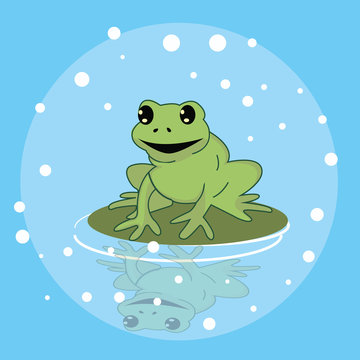 frog smile character above leaf in pond funny cute