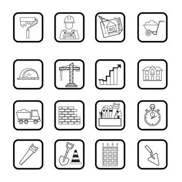 Outline web icon set. Building, construction vector tools on white background
