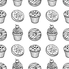 Seamless pattern with pastry sweets