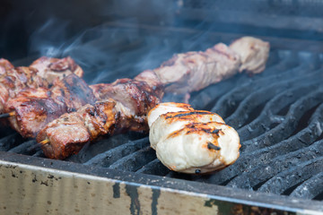 juicy hot shish kebab on the grill