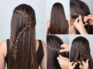 hairstyle braid for long hair tutorial - obrazy, fototapety, plakaty