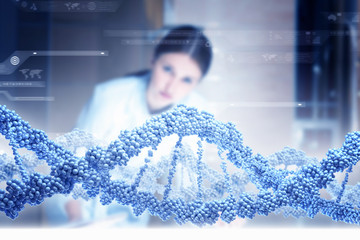 Scientist woman working in laboratory . Mixed media