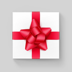 Vector White Square Gift Box with Shiny Red Scarlet Ribbon Bow Close up Top view Isolated on Background