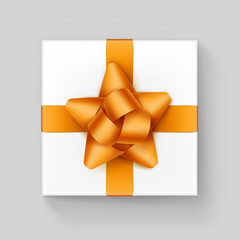Vector White Square Gift Box with Shiny Yellow Golden Ribbon Bow Close up Top view Isolated on Background
