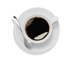 Top view of a cup of coffee, isolate on white


