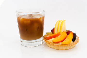 Fruit tart with glass of ice coffee on white background
