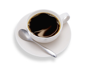 Top view of a cup of coffee, isolate on white