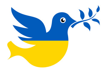 METAPHOR MEANING: Dove with olive branch in colors of Ukraine as metaphor of peace and ceasefire in Ukrainian state after civil war and military conflict in Donetsk and Crimea
