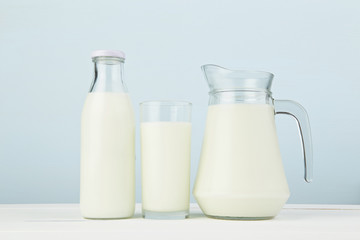 Dairy products. Assortment of fresh milk on white table with col