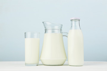 Dairy products. Assortment of fresh milk on white table with col