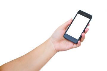 hand holding smartphone blank screen on white background
