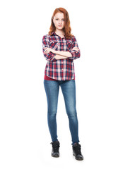 Young pretty curly woman in plaid shirt