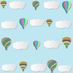 Hot air balloon seamless pattern. Bright colors hot air balloons design. Baby shower vector illustrations isolated on white background. Polka dots and stripes. Child drawing style.