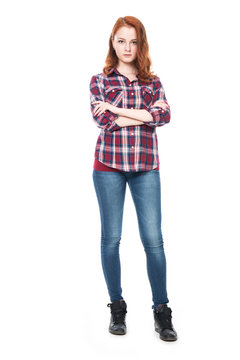 Young Pretty Curly Woman In Plaid Shirt