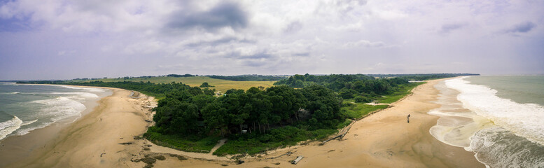 Fototapeta na wymiar Aerial panoramic picture of La Noumbi beach, Western Africa, Congo.