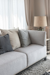 modern grey sofa with pillows and modern lamp on table side in l