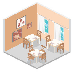 Isometric interior of coffee shop. flat 3D isometric design interior cafe or restaurant.