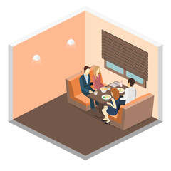 Isometric interior of cafe shop. flat 3D isometric design interior cafe or restaurant. People sit at tables and eat.