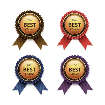Vector Set of Top Quality Guarantee Golden labels with Colored Brown Red Blue Purple Violet Ribbons