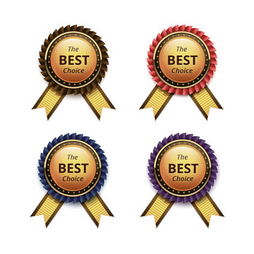 Vector Set of Top Quality Guarantee Golden labels with Colored Brown Red Blue Purple Violet Ribbons on White Background