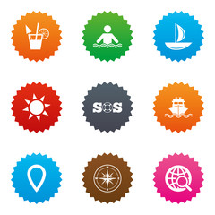 Cruise trip, ship and yacht icons. Travel signs.