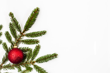 Christmas tree branch with glass ball isolated on white background