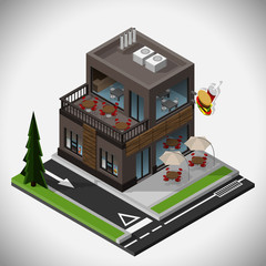 Vector isometric illustration of a fast food restaurant with a summer terrace and a point of reception of the order from the car.