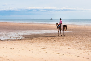 Girls ride a horse on the beach in morning.