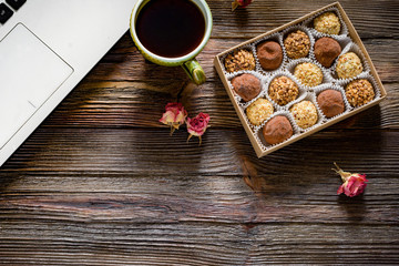 Work place with coffee and notebook