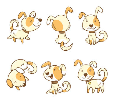 Cute cartoon dogs set. Six little puppies in different poses. Funny animals. Vector colorful contour image. Children's illustration.