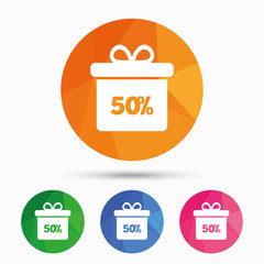 50 percent sale gift box tag sign icon.