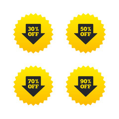Sale arrow tag icons. Discount off symbols.