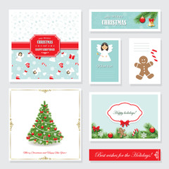 Christmas templates set. Greeting cards, banners, wish list, labels and stickers.