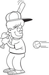 Black and white illustration of a girl hitting a baseball.