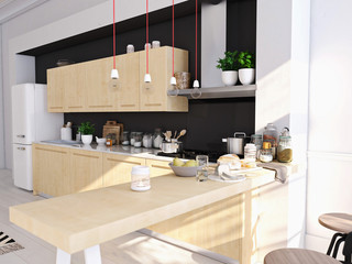 modern nordic kitchen in loft apartment. 3D rendering