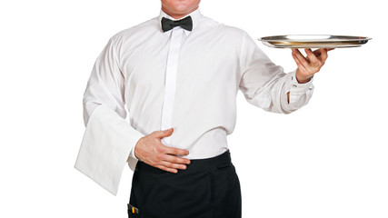 Waiter holding tray. isolated over white background.