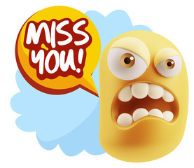 3d Illustration Angry Face Emoticon saying Miss You with Colorfu