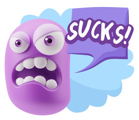 3d Illustration Angry Face Emoticon saying Sucks with Colorful S